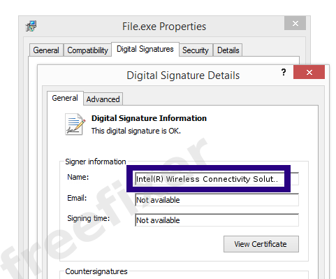 Screenshot of the Intel(R) Wireless Connectivity Solutions certificate